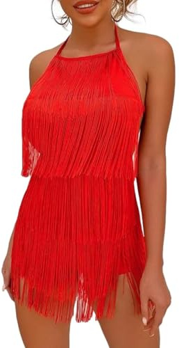 Ella Lust Verführerischer rückenfreier Overall mit Fransenkleid - Damen-Club-Boho-Playsuit mit Quasten und gestuftem Neckholder, Festival-Bodysuit