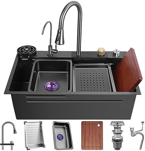 Edelstahl Single-Bowl Küchenspüle Multifunktionale Wasserfall Spüle Nano-beschichtete Workstation Spüle Mit Wasserfall Pull-Down Wasserhahn Und Komplettes Zubehör Set (S : 75x45x22cm)