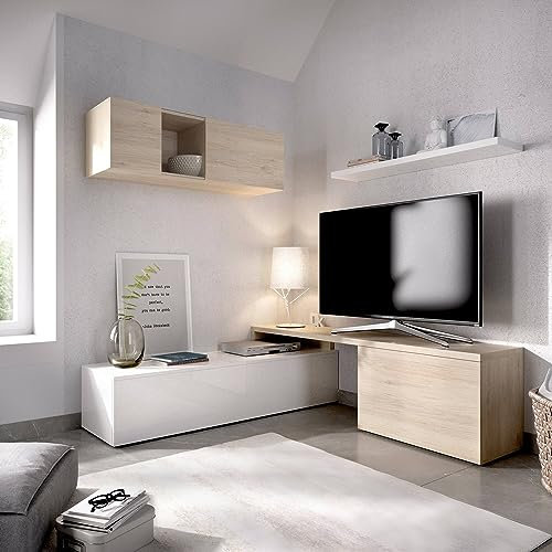 Dmora Parete attrezzata Baker, Set da Soggiorno modulare ad Angolo, Mobile Salotto Porta TV Multiposizione, 201x41h180 cm, Bianco Lucido e Rovere