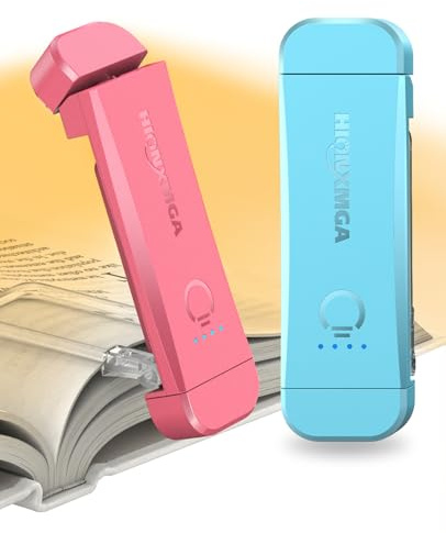 HIONXMGA 2x Leselampe Buch Klemme, Augenschonende Leselampe Buch,3 Farben & Stufenlosem Dimmen, Wiederaufladbar Leselicht, Perfektes für Buchliebhaber, Kinder,Rosa+Blau