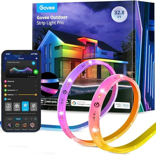 Govee Outdoor LED Strip Pro 10m, RGBICWW mit Warmweiß und Kaltweiß, IP65 Wasserdicht, Farbsteuerung DIY, Außen LED Streifen für Dach Balkon Garten Schwimmbad