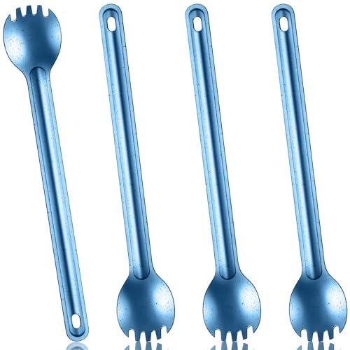 Kritkin 4 Pieces Titanium Long Handle Spork and Spoon Ultralight Portabale Flatware 8.7 Inch Soup Spoon Camping Spork for Outdoor Camping Backpacking Hiking Travel Picnic Tableware (Blue)