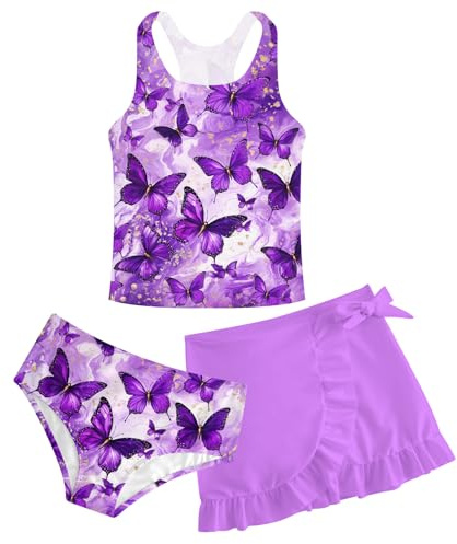 AIDEAONE Filles Bikini avec Jupe Ensemble Tankini Trois Pièces Adorable Haut de Maillot de Bain Enfants Costume de Natation Plage Surf Cadeaux de Vacances Maillot de Bain 11-12 Ans