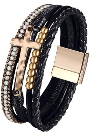 JewelryWe Lederarmband Damen Lebensbaum Kreuz: Wickelarmband Vintage Boho Baum des Lebens Kreuz Strass Kugel Perlen Mehrreihig Leder Geflochten Armband Armreif mit Magnetverschluss