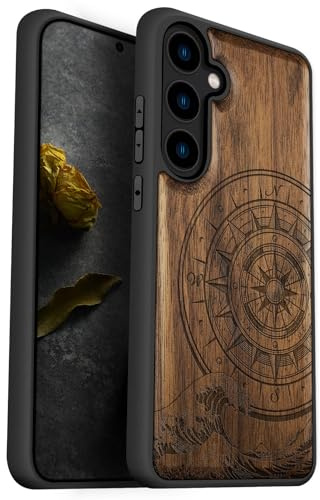 Carveit Hülle für Galaxy S24 Plus handyhülle aus Holz Cover, Stoßstange Stoßfeste Weich TPU Case, Handyhulle Kompatibel mit Samsung S24 Plus Hulle（Nussbaum-Der Kompass vor Kanagawa Waves） | Holz Cover [Einzigartig Stilvolle Aussehen] Natürliches Massivholz Kompatibel mit Galaxy S24 Plus TPU Silikon Case