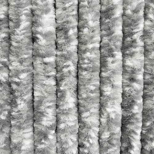 EXPLORER® Flauschvorhang 90x200 cm Wohnwagen Türvorhang für Wohnmobil/Balkontür Vorhang aus Chenille als Insektenvorhang Flausch Fliegenvorhang Camping Terrassen Tür Fliegenschutz Silber-Weiß meliert