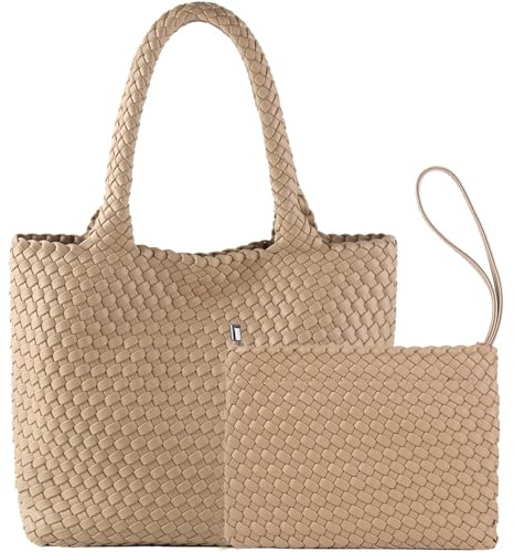 JINMANXUE Modische gewebte Tasche, Shopper Tasche, Reisehandtaschen und Geldbörsen, Damen-Tragetasche, große Kapazität, Schultertaschen, Apricot1, 16.1 W x 7.1 D x 11 H