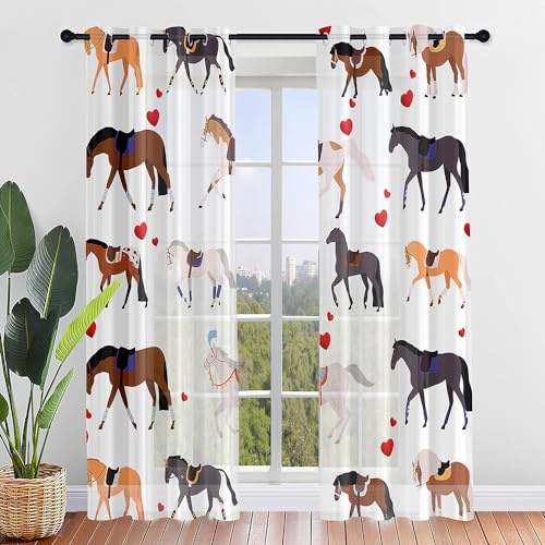 Highdi Voile Vorhänge mit Ösen 2er Set, Transparente Gardinen für Wohnzimmer Ösenschal Halbtransparent Ösenvorhang für Schlafzimmer Moderne Übergardinen Ösen (Pferd Motiv 8,214x213cm)