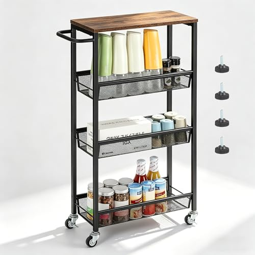 smusei Slim Storage Cart 4 Tiers Slim Trolley 42 x 18.5 x 76 Cm Slim Storage Trolley Retro Style Slim Kitchen Trolley With Wheels Kitchen Storage Trolley for Kitchen Living Room Bathroom