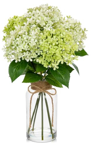 Briful Kunstblumen Wie Echt, 25CM Künstliche Hortensien im Glastopf mit Kunstwasser Künstliche Blumengesteck Grüne Kunsthortensien Dekoblumen für Bad Küche Tisch Dekoration