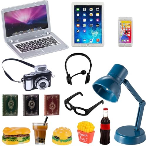 15PCS Miniatur Laptop Set, Miniatur Puppenhaus Zubehör, Miniatur Wichtel Zubehör 1:12 Wichtel Laptop Tablet Smartphone Mini,Brille,Wichtel Kamera,Schreibtischlampe,Kopfhörer,Bücher,Miniatur Essen