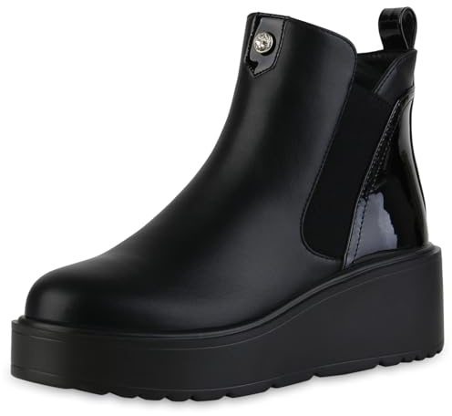 VAN HILL Damen Keilstiefeletten Keilabsatz Lack Trendy Schuhe 216207 Schwarz Lack PU 38