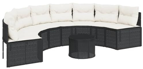 Genérico Wenjingqi-3318517 Canapé de jardin semi-circulaire avec table et coussins en rotin PE noir