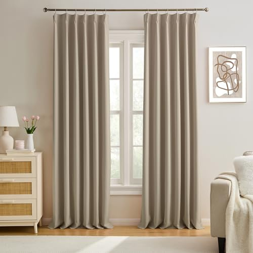 KEQIAOSUOCAI 100 Inch Curtain Panels Pinch Pleated Light Blocking Solid Custom Made Pleated Curtains Hooks Track Privacy Memory Shape Drape for Living Room,Khaki,40x100, Set of 2