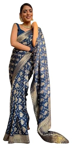 TRAFAART Sari Ethnique Pour Femme Style Kanjivaram Indien Banarasi Jacquard Sari Avec Chemisier Non Cousu Bleu