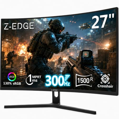 Z-Edge - Monitor de juego curvo de 27, FHD 1080p 300Hz 240Hz, monitor curvo MPRT de 1 ms, 1500 R, colores 16,7 M, marco sin marco UG27H, 2 puertos DP 1.4 y 2 puertos HDMI 2.0