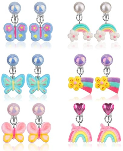 6 Paar Ohrclips für Mädchen, Ohrstecker-Set Ohne Ohrloch mit Ohrpolstern Süßes Schmetterlings-Kaninchen-Regenbogen-Design Ohrclips für Kinder Ohne Loch Schmuck als Geschenk