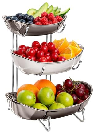 Fiita 3-stöckiger Keramik Obst Etagere mit 3 Etagen Platzsparendes Obstkorb Etagere für die Familie, Stabil Und Ohne zu Zittern, Obstschale Modern mit Natürlichem Bambus Steher für Gemüse Obst Snacks