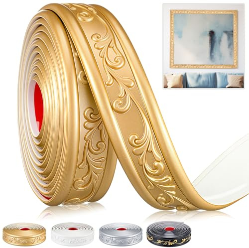 Sacubee Peel and Stick PVC Crown Molding Trim Flexible Molding Trim 13.1 ft x 1.8 Self Adhesive Wallpaper Wall Border Mirror Frame Baseboard Cabinet for Home Decor Edge Background(Champagne Gold)