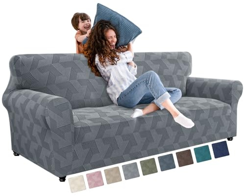 JIVINER 1 Piece Couch Cover for 3 Cushion Couch, High Stretch Sofa Covers with Elastic Bottom, Washable Sofa Slipcovers for Dog, Pets Feature Geometrical Jacquard Fabric (Sofa, Light Grey)