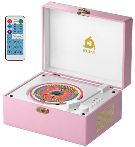 KLIM RETRO CD PLAYER – Vintage Style CD Player with Speakers, Bluetooth Receiver, AUX, USB, Rechargeable Battery, Mini Record Player Look, Small Cute CD Music Box for Home Decor - Pink