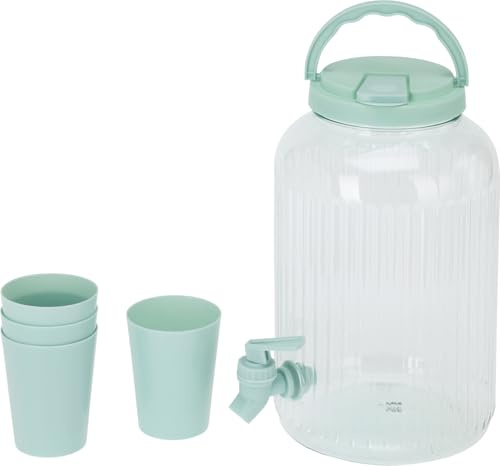 3.75 Litre Plastic Drinks Dispenser with Tap, Lid & Handle – Includes 4 Cups – Ideal for Water, Juice, Punch & Cocktails (Green)