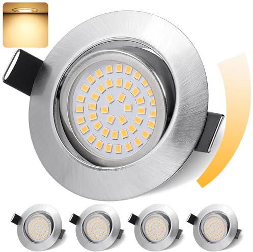 GeyouLux LED Einbaustrahler 230V Dimmbar 68mm 6W IP44 LED Spots 4er set | 45° Schwenkbar 3000K Warmweiß Deckenspots für Badezimmer Küche Wohnzimmer Einbauspots Flach Einbauleuchten Nickel