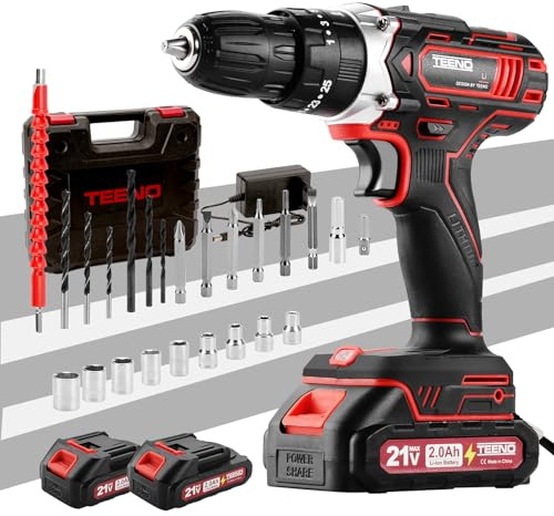 TEENO Perceuse Visseuse Sans Fil 21V Pour Batterie Makita 2x2.0Ah Batteries,45 Nm Visseuse Devisseuse Sans Fil,25+1 Réglages de Couple,Brosse Antirouille Métal,LED,2 Vitesses,31 Accessoires et Valise