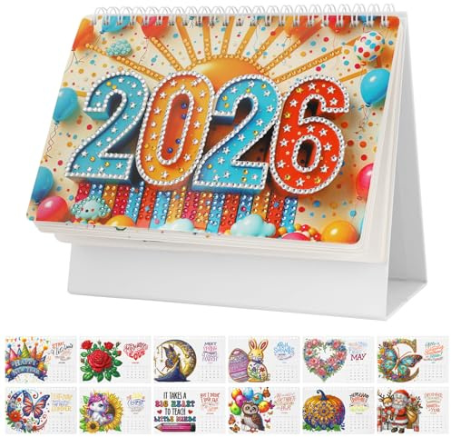 MUNORIAY Diamond Art Calendar 2026: Diamond Painting Art Kit for Adults 5D DIY Special Shaped Rhinestone Monthly Flip Standing Desktop Calendar with to Do List Gem Art Crafts for Home Office Decor