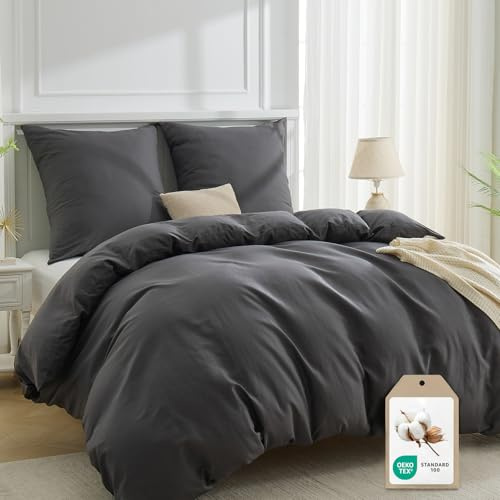 CELESTA Bettwäsche 200x200 Baumwolle 3teilig Dunkelgrau, 2 Kissen 80x80 cm | 100% Baumwolle Bettwäsche-Sets mit Reißverschluss, 1 Bettbezug+2 Kissen, Kuschelig Weich & Atmungsaktiv, Oeko-TEX