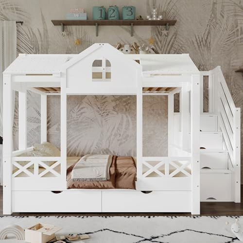 TOBIDOEN Etagenbett Kinderbett 90x200cm & 140x200cm, Kiefer+MDF+Sperrholz Stabil, Treppenhausschrank mit 4 Staufächern + 2 Rollenschubladen, Lattenrost & Dekorationsfreundlich, Weiß - Stil D