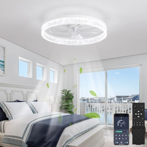 OMGPFR 50CM Modern Ceiling Fan with Light, LED Dimmabl Fan Lamp with Remote Control, 30W 3000lm Dimming Lighting Fixture for Living Room Bedroom Ceiling Lights, Mute 6 Speeds, Reversible, White A