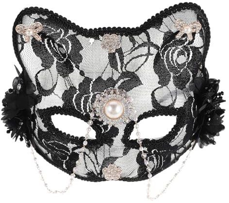 Yardenfun Masque de Chat Demi-visage en Dentelle Noire avec Pierres Brillantes et Franges pour Femme, Accessoire de Costume Élégant pour Bal Masqué, Carnaval et Soirées Déguisées