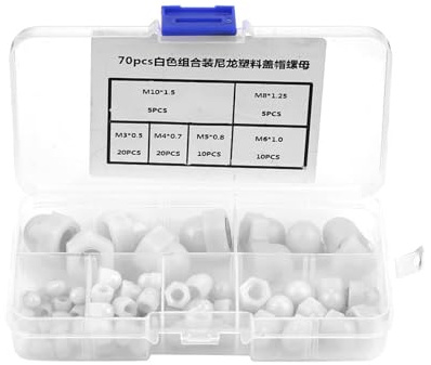 Kit assortimento di dadi ciechi esagonali da 70 pezzi, dadi ciechi in nylon M3/M4/M5/M6/M8/M10, dado cieco per bullone, esagonali a testa bombata (White)