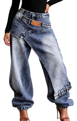 Pantalón Vaquero de Talle Alto Hip Hop Recto Vintage Pierna Ancha Pantalones Sueltos Streetwear Sin Cierre Pantalón de Ocio Jeans Holgados de Pirata para Mujer Y2K Jeans Tipo Boyfriend