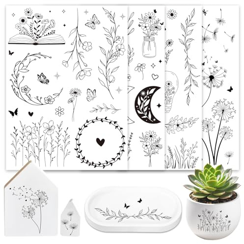 4 Blätter Rub On Sticker Pusteblume Wünscherfüller Transferaufkleber Selbstklebend Rub On Schwarze Blumen Aufkleber zum Basteln und Dekoration für Scrapbooking Möbel Glas Holz Keramik