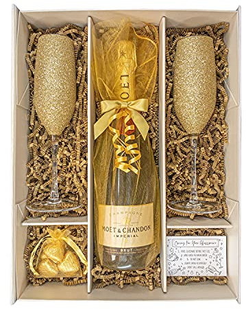 Moët & Chandon Impérial 75cl Gold Gift Set Hamper With 2 Matching Champagne Flutes, Chocolates and Gift Box - Golden Wedding, Congratulations Gift for Champagne Lovers