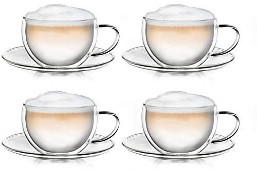 Creano 4 Tazze Termiche Doppia Parete 250ml Piattino - Bicchiere Vetro Borosilicato – Coppa Termica Latte Macchiato Tè Ideale Regalo - 4x 250ml