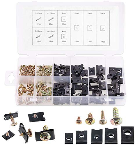 Glarks 170 piezas de clip en U y surtido de tornillos, 5 tamaños de tuerca de clip estilo U con kit de tornillos de montaje para asegurar cables y cables