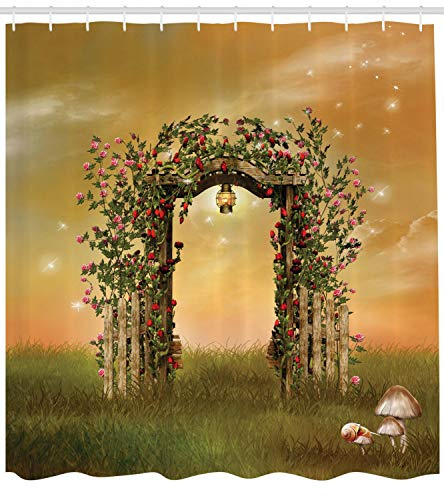 Ambesonne Fantasy Shower Curtain, Rustic Door with Burgeoning and Blossoming Flowers on Wooden Fence, Cloth Fabric Bathroom Decor Set with Hooks, 69 W x 75 L, Pale Brown and Green Brown