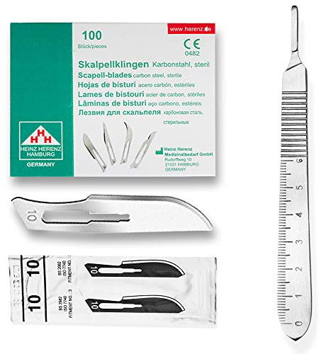 May Skalpell-Set Figur 10 Halter 3 Maßskala 13 cm Karbonstahl 100 Stk | Skalpell-Set: Edelstahl-Halter (Fig. 3, 13 cm) mit cm-Maßskala inklusive 100 sterilen Karbonstahlklingen der Figur 10.