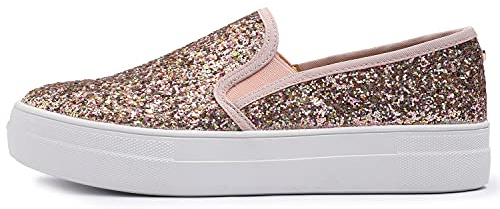 FEVERSOLE Dammode Slip On sneaker ledig plattform loafers, Plattform rosa guld glitter, 38.5 EU