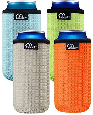 WK IEASON 12oz Slim Can Sleeves Insulators Neoprene Slim Can Covers 12OZ Beer Bottle Sleeves Coolers Holder Non-Slip Neoprene Can Coolier (12OZ Slim, Green/Orange/Grey/Light Blue)