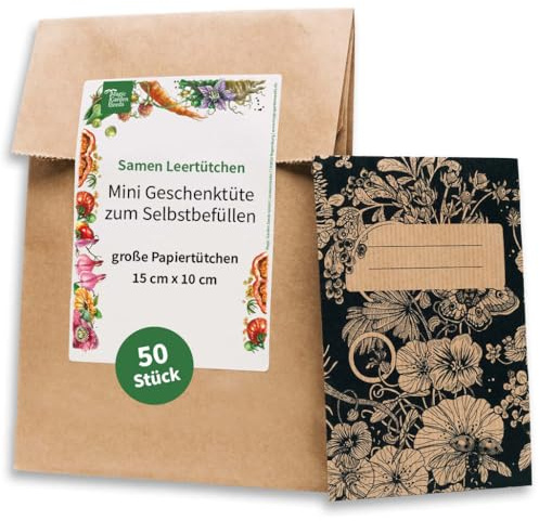 Große Samentütchen, Flachbeutel, Mini-Geschenktüte zum Selbstbefüllen und Beschriften für eigenes geerntetes Saatgut, Geschenke, Globuli - 50 Stück aus braunem, bedrucktem Packpapier