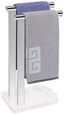 NearMoon Handtuchhalter mit ausbalancierter Marmor-Basis, freistehender L-förmiger Handtuchring aus SUS304-Edelstahl, Handtuchständer für Bad, Küche oder Arbeitsplatte (Doppelstange, Chrom)