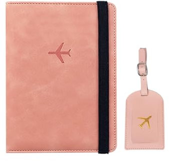 HNLMZ Reisepasshülle und Gepäckanhänger Set,Gepäckanhänger ID Etikett,Passhülle mit RFID-Blocker Hergestellt aus PU-Leder Für Kreditkarten, Reisepässe, Personalausweise und Reisedokumente (Rosa)