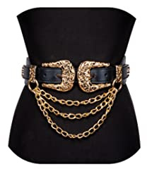 Dubulle Womens Belt Decoration Chain Black Gold Leather Elastic Double Buckle Business Date Gift
