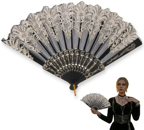Homoyoyo Black Lace Folding Hand Fan Retro for Women - Vintage Chinese Style Handheld Foldable Fan for Wedding Bridal Party Dancing Festival Cosplay, Elegant Black Accessory Gifts for Wedding Party