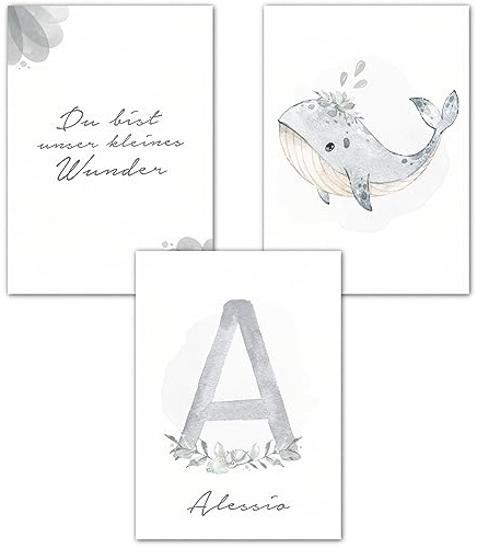 double critical Wandbilder Kinderzimmer Poster 3er Set Name personalisiert Bild Babyzimmer Boho Wal Meer Junge Poster Jungen Wanddeko A4 A3 Blau