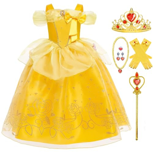 ZaisuiFun Disfraz Princesa Niña Amarillo Vestido con Accesorios para Carnaval Fiesta Cumpleaños Navidad, 2-3 Años